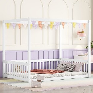 CAVINAS Twin Size Canopy Bed Modern Pine Bed Frame with Guardrail for Bedroom, without Slats - 1 of 4