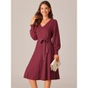 Seta T Women's V Neck Tie Waist Casual Long Sleeve Pleated Knit A-Line Sweater Dress - 2 of 4