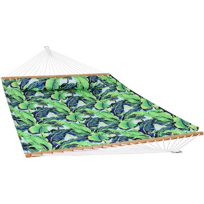 Sunnydaze 2-Person Quilted Printed Fabric Spreader Bar Hammock and Pillow with S Hooks and Hanging Chains - 450 lb Weight Capacity - Exotic Foliage