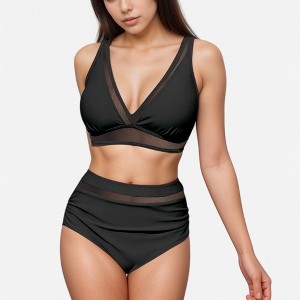 Anna-Kaci Swim Women's Two Piece Swimsuit with Mesh Trim Deep V Neck Bikini Top and High Waisted Ruched Bottoms - 1 of 4