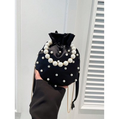 Hachikiko Women's Black Pearl-Embellished Drawstring Bucket Bag - Elegant Evening Crossbody Purse with Pearl Handle