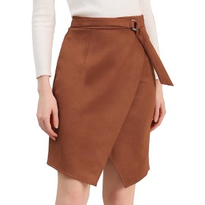 Allegra K Women's A-Line Knee Length Front Slit Wrap Faux Suede Skirt - 1 of 4