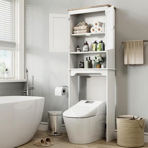 66" Over The Toilet Storage Cabinet, Bathroom Space Saver Organizer with Double Doors & Adjustable Shelves - 1 of 4