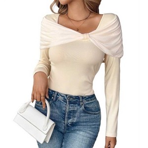 Women's French Style U-Neck Off-Shoulder Top, Twist Knot Long Sleeve Knit Shirt, Slim-Fit Blouse - 1 of 4