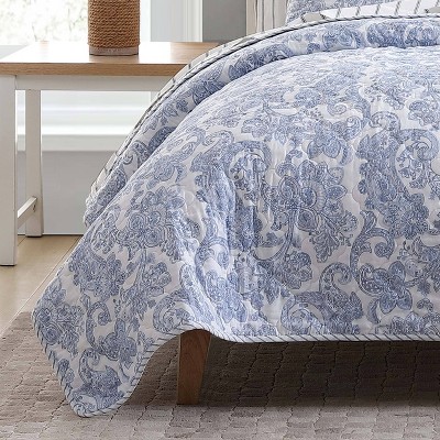 Blue Paisley Cotton Twin Quilt Set with Shams