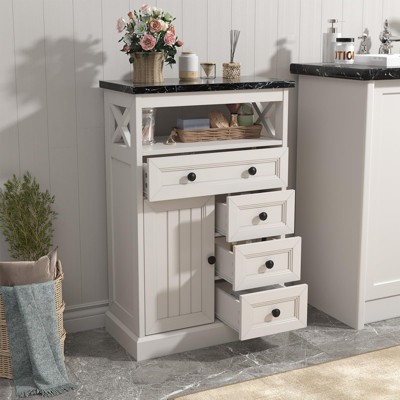 White Storage Cabinet with Doors, 4 Drawers, Adjustable Shelf & Marble Pattern Tabletop