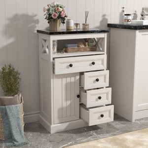 White Storage Cabinet with Doors, 4 Drawers, Adjustable Shelf & Marble Pattern Tabletop - 1 of 4