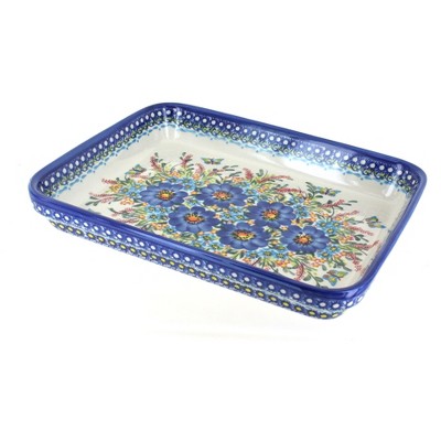 Blue Rose Polish Pottery Garden of Blue Large Rectangular Baker