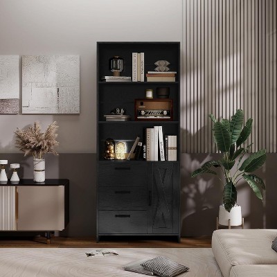 Acekool 6-Tier Bookshelf with Door and 3 Drawers, 71" Tall Bookcase, 3 Open Shelves, Storage Cabinet, for Home Office or Bedroom