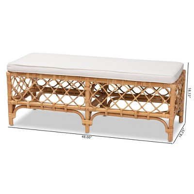 Serene Orchard White Fabric and Natural Rattan Bench - 48"