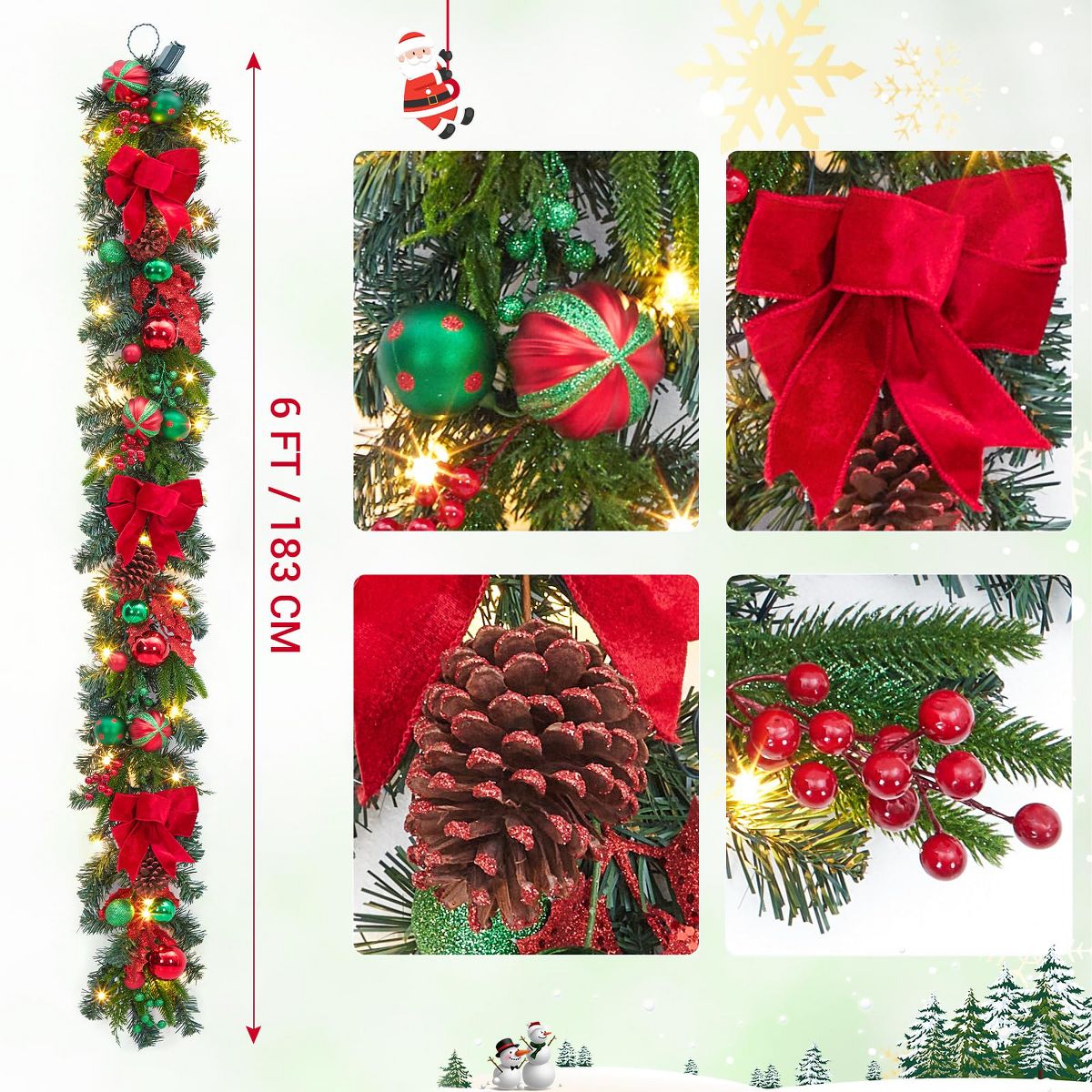 6 Ft Christmas Garland with Lights for Mantle, Battery Operated Xmas Garlands with Red Gold Balls, for Fireplace Stair Railing TV Stand - thumbnail 3