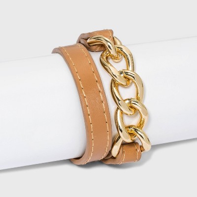 Faux Leather Wrap Chain Bracelet with Links - A New Day™ Tan Gold