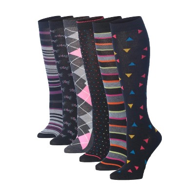 Tipi Toe Womens 6 Pairs Colorful Argyle Geometric Patterned Knee High Socks