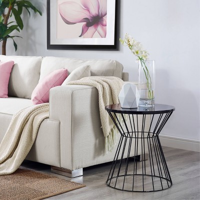 Black Round Metal and Wood Hourglass End Table