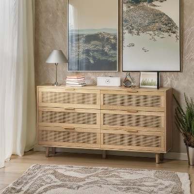 NicBex 43.31"/51.18" Rattan Chest of Drawers,Storage Cabinet Metal Handles,6 Drawer Dresser for Bedroom,Hallway,Living Room Furniture