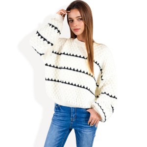 Anna-Kaci Women's Oversized Cable Knit Sweater with Contrast Stripes - 1 of 4