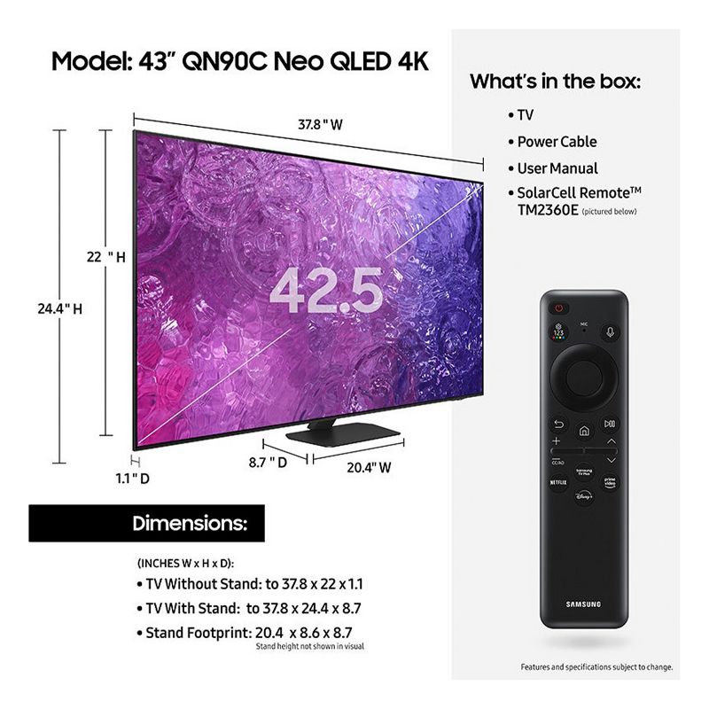 Samsung QN43QN90CA 43" Neo QLED 4K Smart TV with Quantum HDR, Dolby Atmos, Object Tracking Sound, & Ultra Viewing Angle Technology (2023), 3 of 16