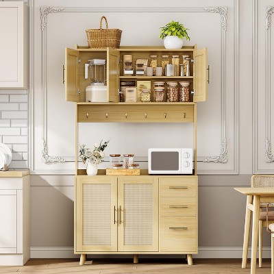 71" Rattan Boho Pantry Cabinet, Freestanding Kitchen Hutch with Microwave Shelf, 3 Drawers & 6 Hooks