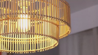 16'' Beige Bamboo and Metal Pendant Light with Adjustable Height