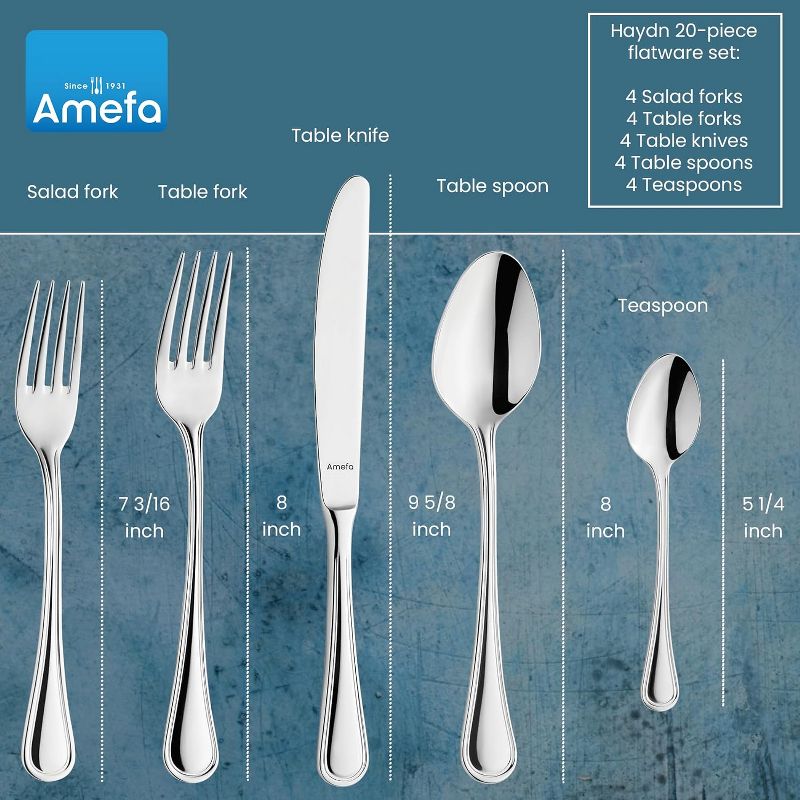 Amefa Haydn 20-Piece 18/10 Stainless Steel Flatware Set, High Gloss Mirror Finish, Silverware Set Service for 4, Rust Resistant Cutlery, 2 of 8