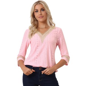 Allegra K Women's V Neck Contrast Color Lace Trim Boho Top - 1 of 4