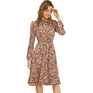 INSPIRE CHIC Women's Tie Neck Chiffon Long Sleeves Vintage Belted Floral Dress - 1 of 4