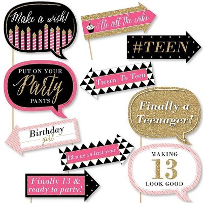 Big Dot of Happiness Funny Chic 13th Birthday - Pink, Black and Gold - Birthday Party Photo Booth Props Kit - 10 Piece