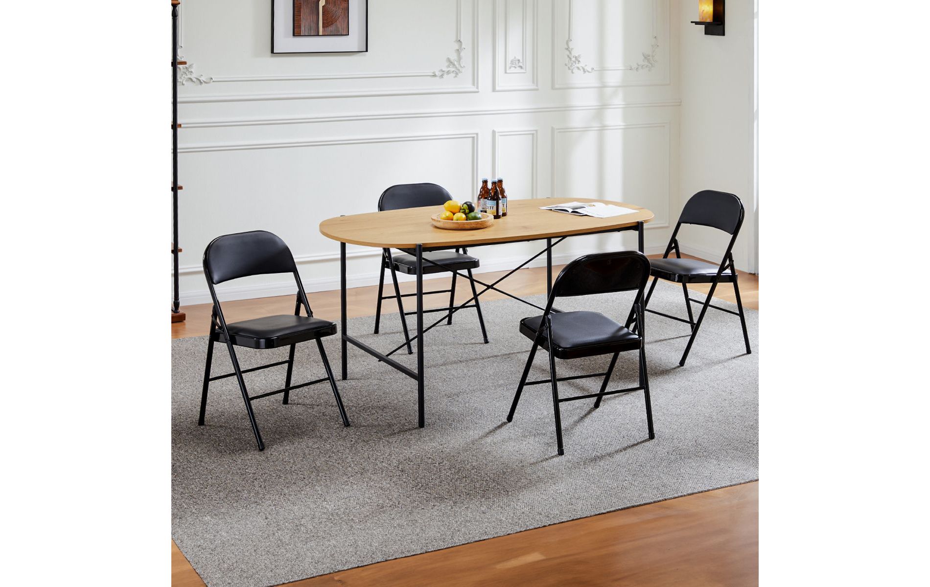 Black Faux Leather Padded Foldable Chair Set of 4,Commercial Folding Chairs,Home Office Picnic Camping Chair,Upholstered Dining Room Chair-Cuddlewood