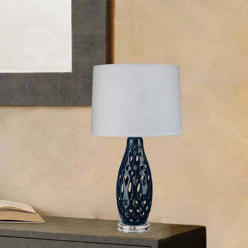 Filigree Ceramic Table Lamp with Cone Linen Shade Blue - Splendor Home, 6 of 7