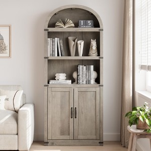 Bookcase with Doors Arched Bookshelf 71.65in Tall Bookcase Farmhouse Cabinet with Shelves - 1 of 4