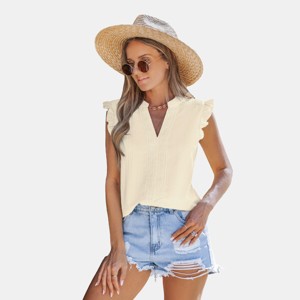 Women's Dreamy Ruffled Cap Sleeve V-Neck Creme Top - Cupshe - 1 of 4