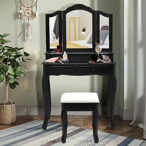 Costway Vanity Makeup Dressing Table Set W/Stool 4 Drawer&Mirror Jewelry Wood Desk Black - 1 of 4