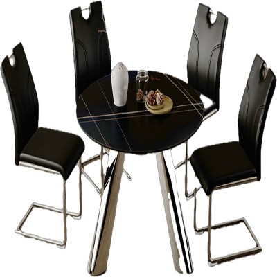 Infurnic Dining Sets Dining Table and Chair Set Mirror-polished Stainless Steel Base 4 Chairs Modern Luxury Round , Black, 42"*42"*29.5"
