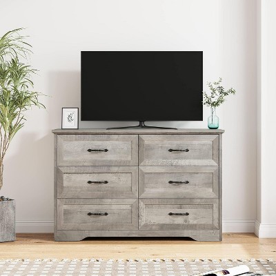 Garvee 6-Drawer Dresser, Farmhouse Modern Wooden Chest with Wide Metal Handles & Natural Texture Storage Organizer for Bedroom Living Room, Retro Gray