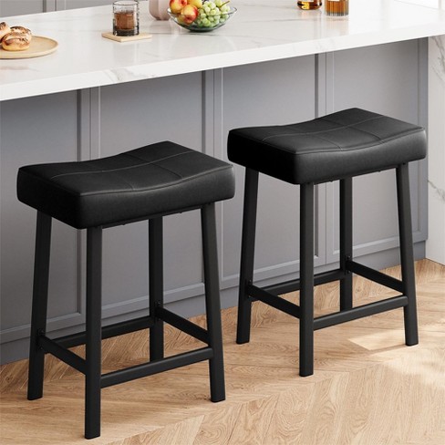 Whizmax 24 Inch Black Backless Saddle Barstools Set Of 2 Counter Height Upholstered Padded Barstools With Curved Surface Metal Leg And Footrest Target