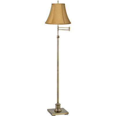 360 Lighting Traditional Swing Arm Floor Lamp Adjustable Height Antique Brass Coppery Gold Fabric Bell Shade Living Room Reading