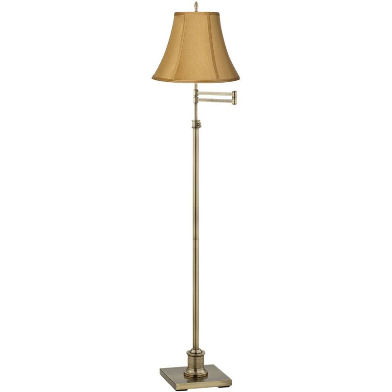 360 Lighting Traditional Swing Arm Floor Lamp Adjustable Height 70" Tall Antique Brass Coppery Gold Fabric Bell Shade Living Room Reading, 1 of 5