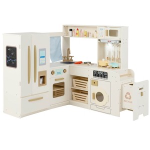 Costway Corner Play Kitchen with Lights & Sounds Wooden Toy Kitchen Set Storage for Ages 3+ Beige/Brown/Pink - 1 of 4