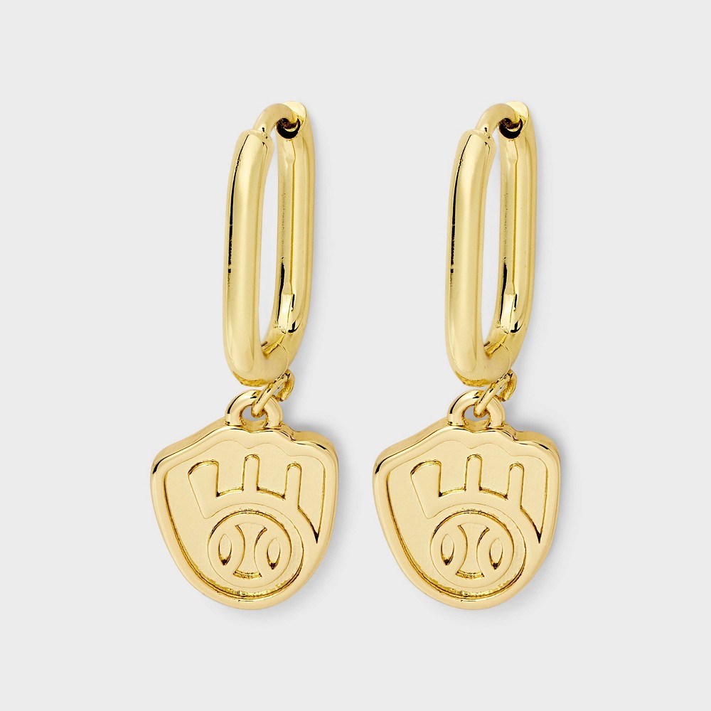 Bijoux Sport by Luv Aj MLB Gold Logo Huggie Earrings - Milwaukee Brewers: Snap Closure, Brass Material, Hoop Design, 1" Dimensions