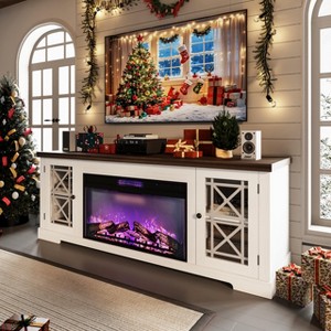 Modern Farmhouse TV Stand for 80 Inch TV, Wood Entertainment Center with 36" Electric Fireplace, Glass Doors, Storage Media Console for Room Bedroom - 1 of 4