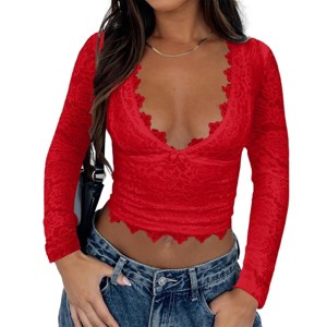 Women's Floral Lace Long Sleeve Crop Top Deep V Neck Low Cut Slim Fit Spring Fall Shirt Going Out Tops - 1 of 4