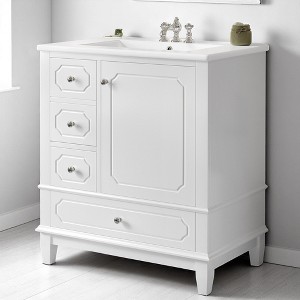 30" Freestanding Bathroom Vanity with Ceramic Sink, Solid Wood Frame, 3 Drawers & Storage Shelf, Painted MDF Cabinet - 1 of 4