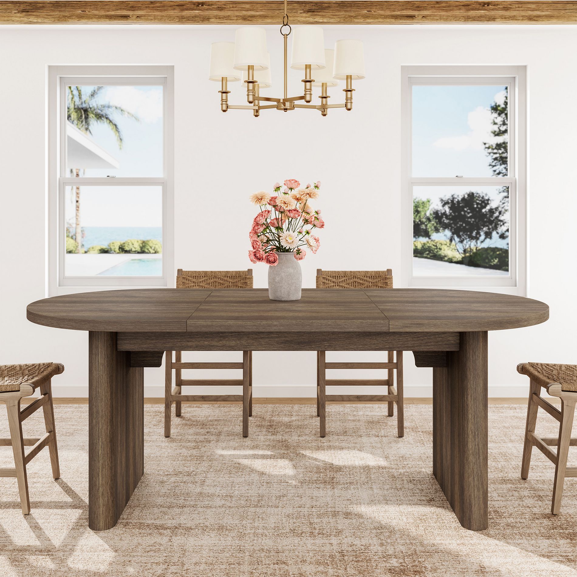 70.8 Inch Oval Dining Table for 6-8 People, Farmhouse Long Large Kitchen Table with Thick Sturdy Wooden Base for Living Room Brown