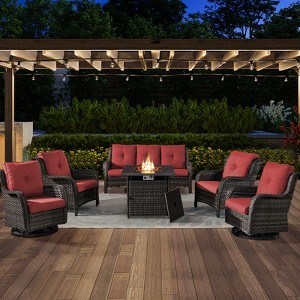 6 Pieces Wicker Patio Furniture Set with Propane Fire Pit Table, All Weather Wicker Patio Set with Square Fire Pit Table and Swivel Patio Chair - 1 of 4