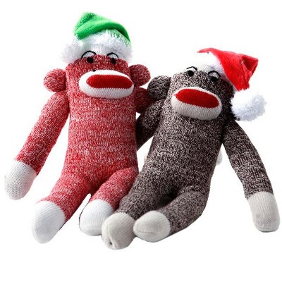 Multipet Holiday Brown Original Sock Pal Monkey Plush Filled Dog Toy with Santa Hat