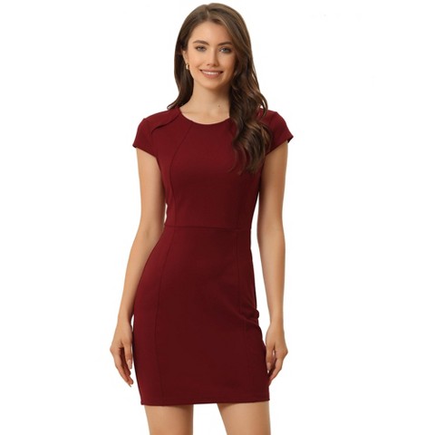Женские платья INSPIRE CHIC Women's Round Neck Cap Sleeve Slim Fit Work Mini Bodycon Dresses Wine Red Small