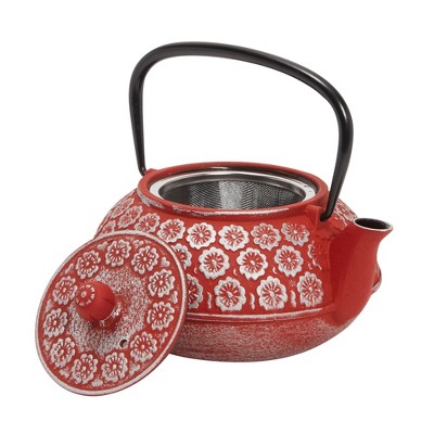 Red Floral Cast Iron Japanese Teapot with Infuser, 34 oz
