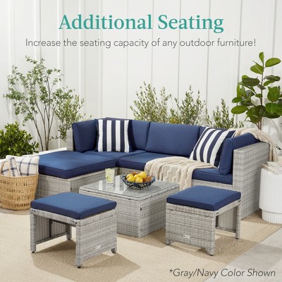 Gray Wicker Patio Ottomans with Cream Cushions, Set of 2