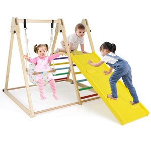 Costway 4-in-1 Indoor Jungle Gym with Baby Swing, Climber, Ladder and Resting Platform Natural/Yellow - 1 of 4