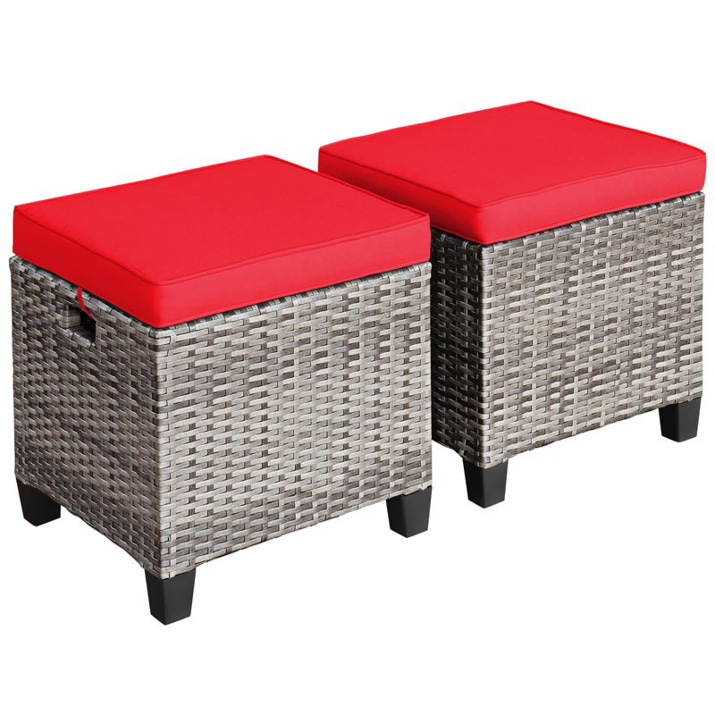 Tangkula Set of 2 Outdoor Rattan Cushioned Ottoman Seat All Weather Patio Footrest Red/Turquoise, 5 of 7